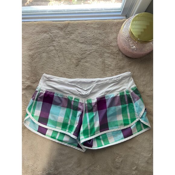 Lululemon Plaid Multicolor Swiftly Shorts Size 8 Activewear With White Waistband - Picture 1 of 8